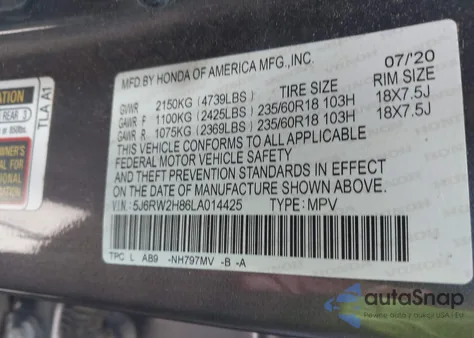 2020 Honda Cr-V Awd Ex-L z USA, uszkodzony, nr VIN 5J6RW2H86LA014425